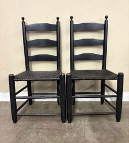 Pair Of Antique Ladderback Shaker Style Painted Black Chairs 14"X37"
