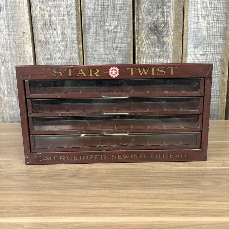 Antique Star Twist Advertising Thread Spool Display Cabinet C. 1920's-30's 14"X16"x9": Antique Star Twist Advertising Thread Spool Display Cabinet C. 1920's-30's 14"X16"x9"