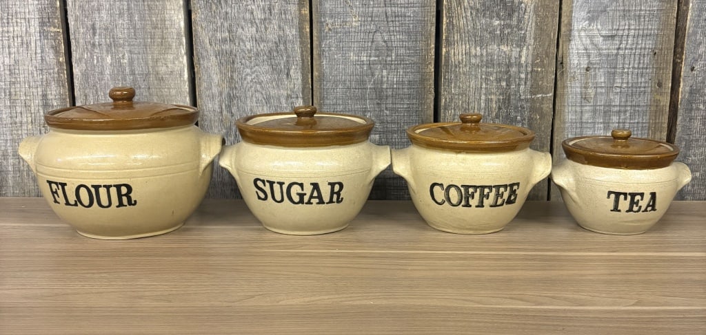 Moira Stoneware Pottery Kitchen Graduated Flour, Sugar, Coffee, Tea Set - Made In England 10"X8": Moira Stoneware Pottery Kitchen Graduated Flour, Sugar, Coffee, Tea Set - Made In England 10"X8"