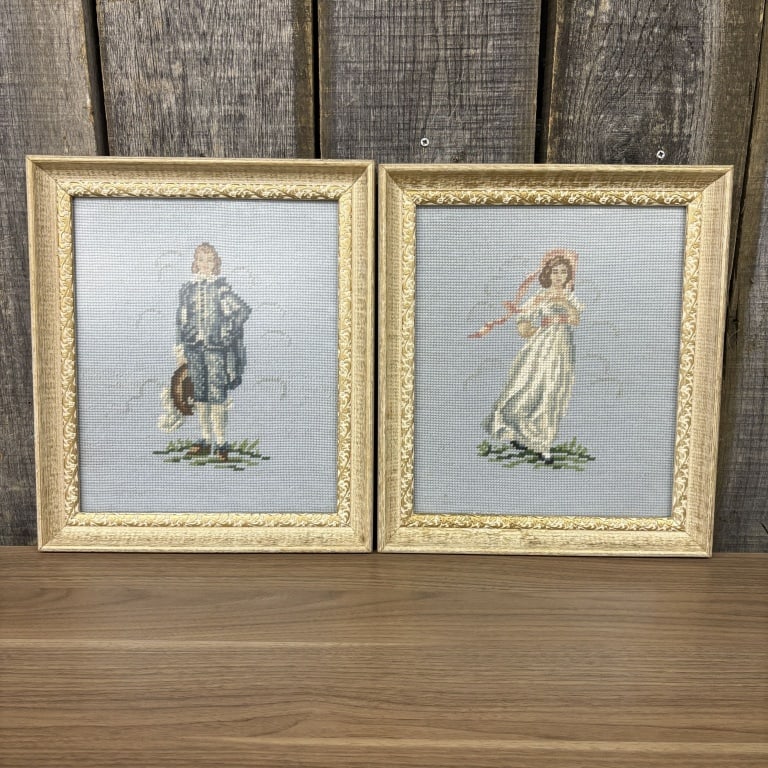 Set Of Vintage Framed Needlepoint Artworks Depicting The Blue Boy And Pinkie 12"X14" (1 of 6)