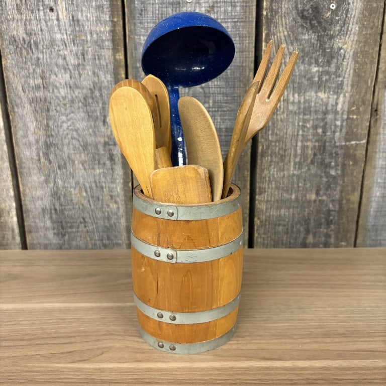 Wooden Barrel Shape Kitchen Utensil Holder With Collection Of Wooden - Enameled Utensils (4"X12" As (1 of 7)
