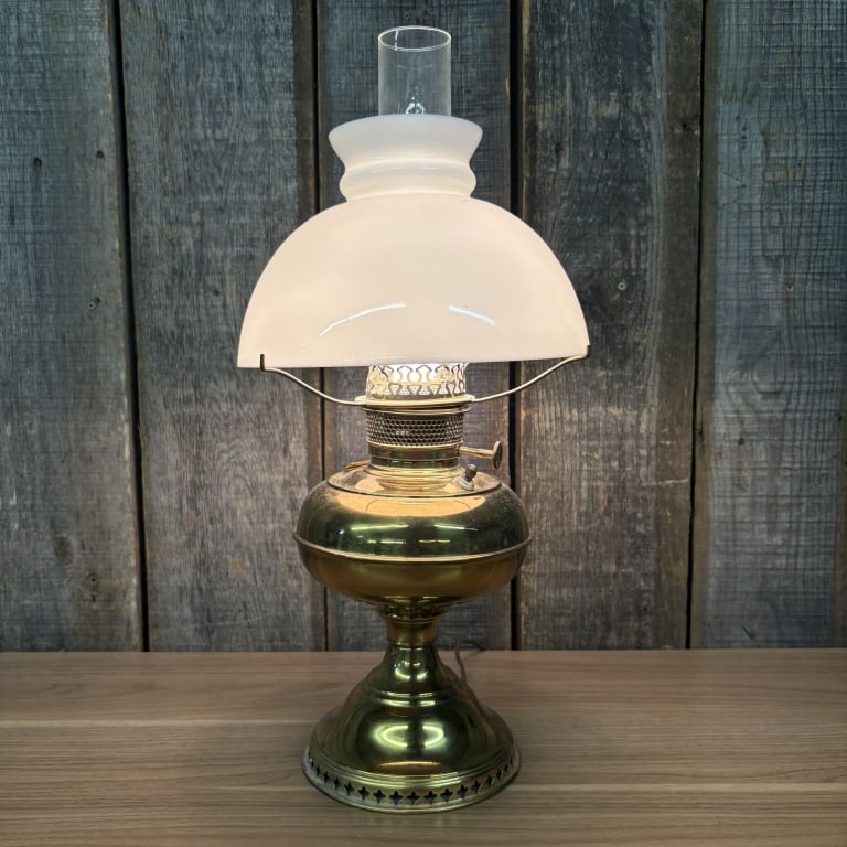Antique Brass Rayo Kerosene Oil Lamp - Electrified With White Shade 10"X20": Antique Brass Rayo Kerosene Oil Lamp - Electrified With White Shade 10"X20"
