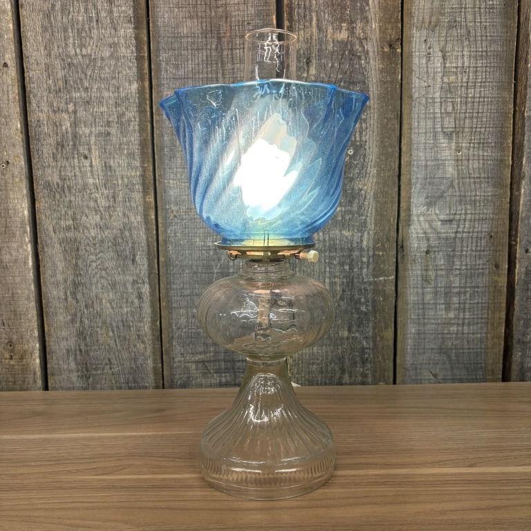 Antique Blue Glass Oil Lamp - Hurricane Lamp. Electrified. 8"X18": Antique Blue Glass Oil Lamp - Hurricane Lamp. Electrified. 8"X18"