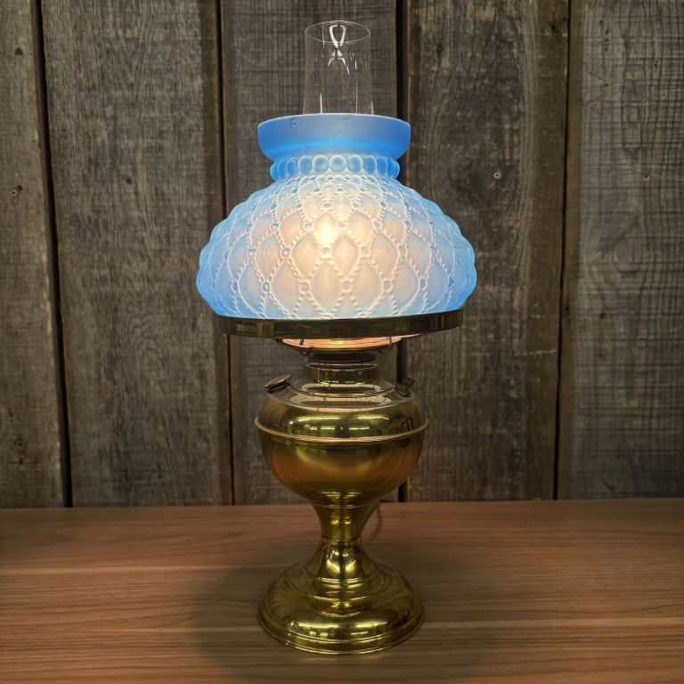 Antique Aladdin Style Brass Electrified Oil Lamp With A Patterned Blue Glass Shade 7"X16": Antique Aladdin Style Brass Electrified Oil Lamp With A Patterned Blue Glass Shade 7"X16"