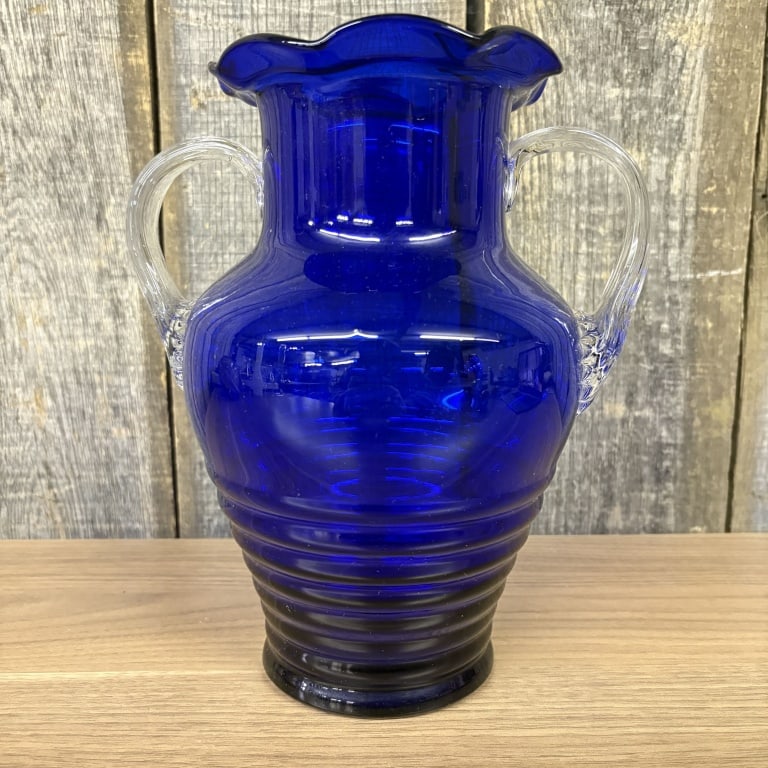Vintage Cobalt Blue Glass Vase With Clear Handles And A Ruffled Top 8"X10" (1 of 6)