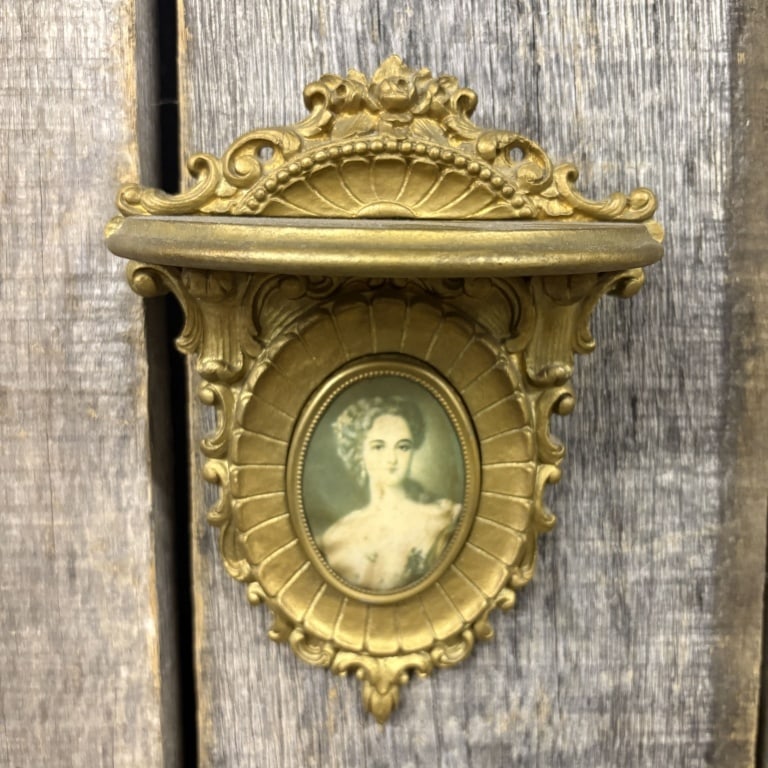 Vintage Gold Patina Framed Victorian Cameo With Shelf 6"X9": Vintage Gold Patina Framed Victorian Cameo With Shelf 6"X9"