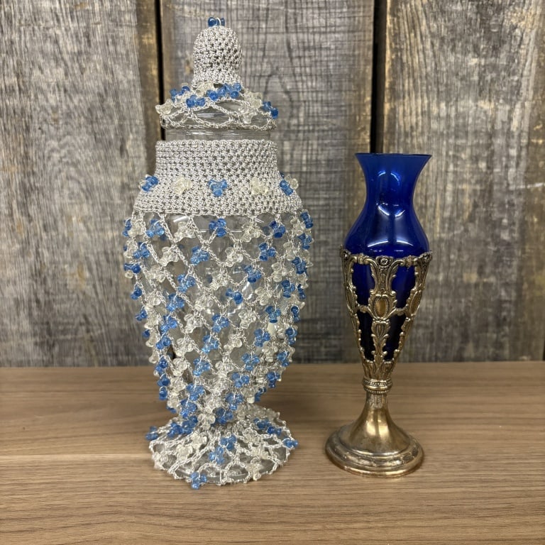 Glass Urn With Beaded Cover With Cobalt Vase In Plated Silver Setting 4"X10": Glass Urn With Beaded Cover With Cobalt Vase In Plated Silver Setting 4"X10"