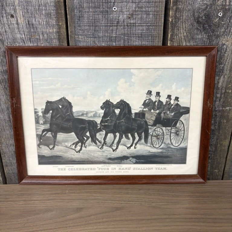 Framed Currier - Ives "The Celebrated 'Four In Hand' Stallion Team" 12"X17" (1 of 6)