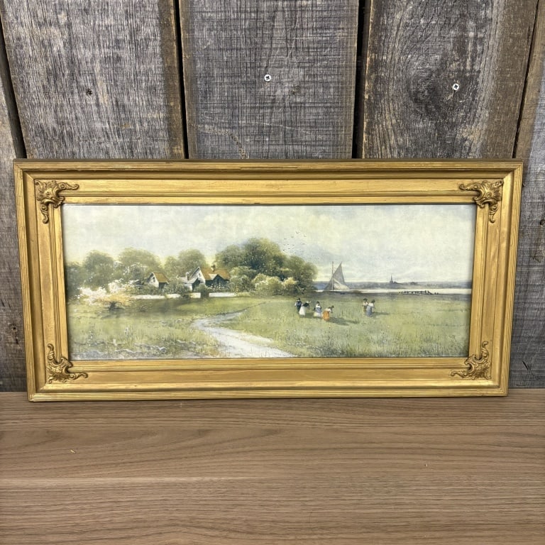 Framed Print Of Watercolor Painting By American Artist Frank F. English In Gold Frame 23"X12": Framed Print Of Watercolor Painting By American Artist Frank F. English In Gold Frame 23"X12"