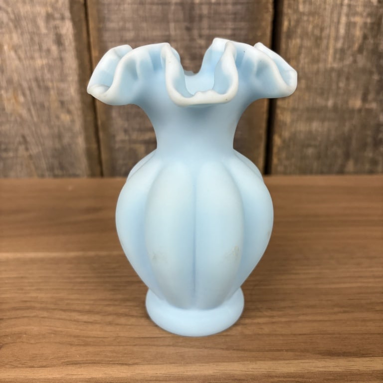 Vintage Fenton Blue Satin Glass Melon Vase With Ruffled Top 3"X6" (1 of 4)