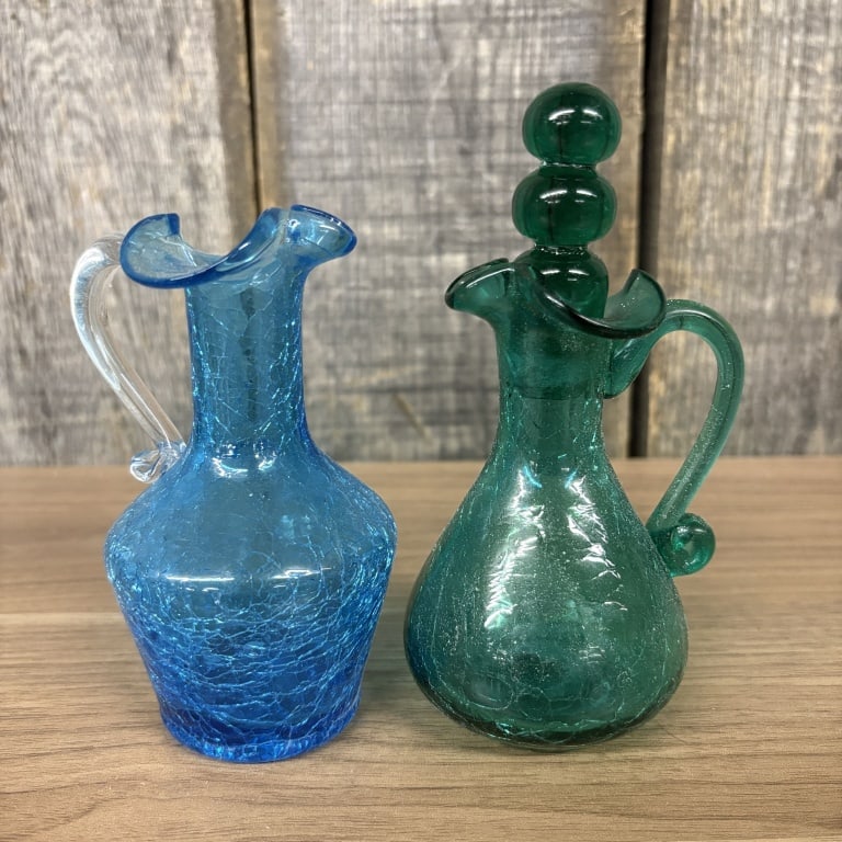Pair Of Vintage Mid Century Modern Crackle Glass Cruets - Decanters 2.5"X5": Pair Of Vintage Mid Century Modern Crackle Glass Cruets - Decanters 2.5"X5"