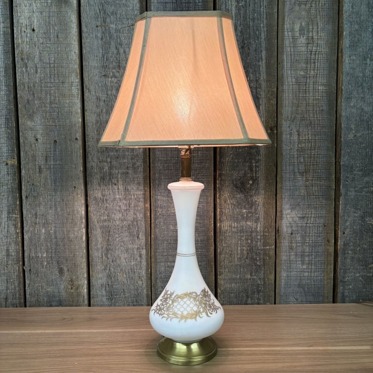 Mid-Century Modern Stencil Decorated White And Brass Table Lamp 15"X28": Mid-Century Modern Stencil Decorated White And Brass Table Lamp 15"X28"