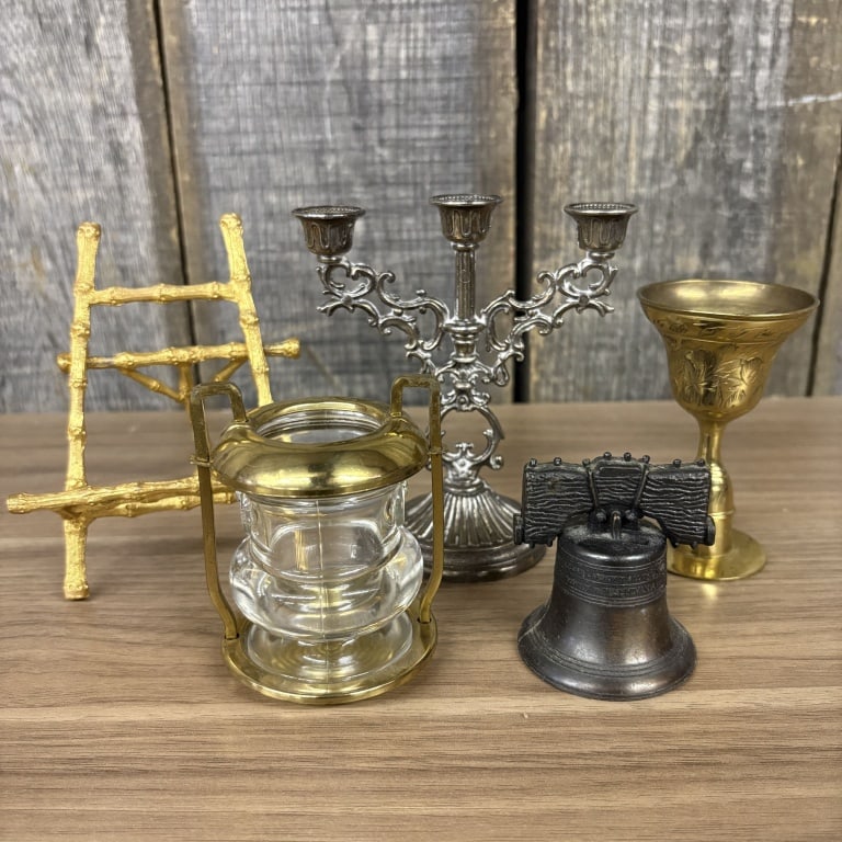 Lot Of Small Brass - Metal Collectible Items - Bell, Easel, Candleabra 4"X6" (1 of 5)