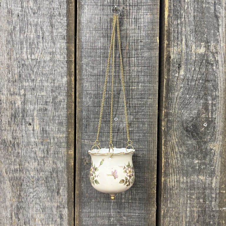 Vintage Hand Painted Porcelain Hanging Planter With Floral Design - Gold Chain 4"X17": Vintage Hand Painted Porcelain Hanging Planter With Floral Design - Gold Chain 4"X17"