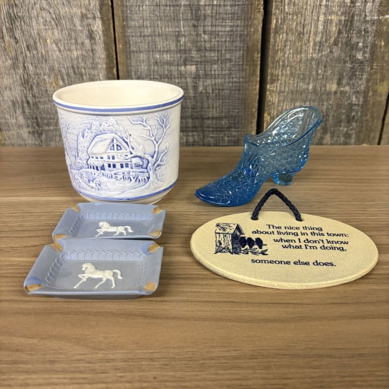 Lot Of Collectible Items Including Currier - Ives Planter, Wedgwood Style Ashtrays, Plaque And Glass (1 of 4)