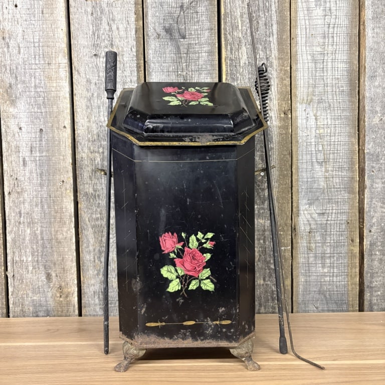 Antique Victorian Toleware Coal Scuttle Fireplace Box With Tools, Internal Bucket 10"X11"X23" (1 of 7)