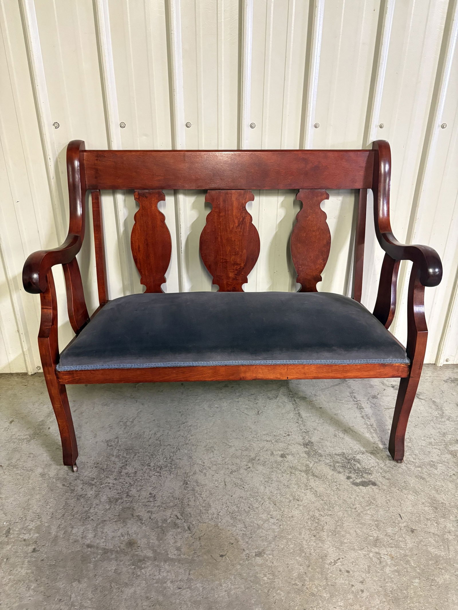 Victorian Or American Empire Style Mahogany Settee With Dark Blue Velvet Upholstery 25"X44"X38" (1 of 5)