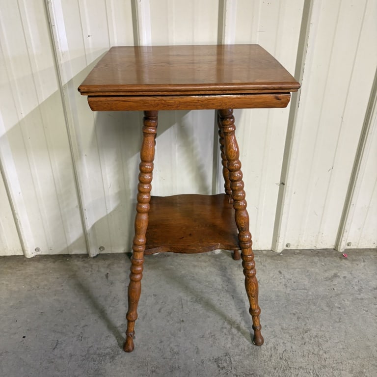 20th Century Victorian Tiger Oak Two Tiered Parlor Table With Bobbin Style Legs 16"X16"X29" (1 of 4)