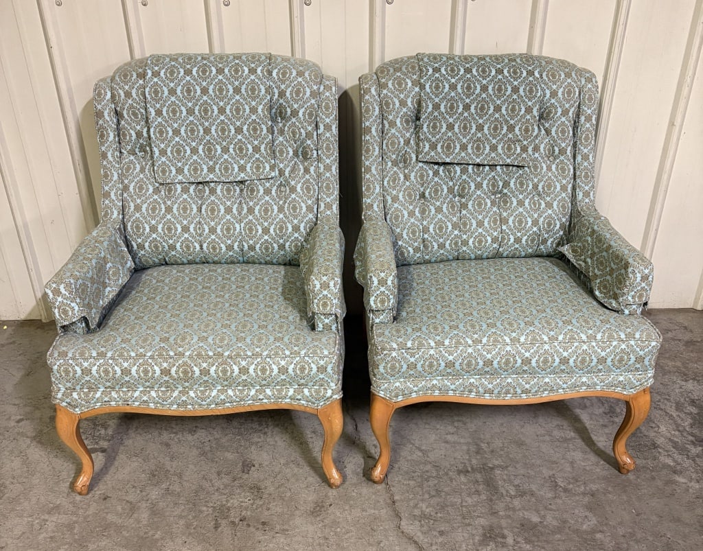Pair Of Vintage Queen Anne Style Wingback Accent Chairs With A Light Blue And Brown Patterned Fabric: Pair Of Vintage Queen Anne Style Wingback Accent Chairs With A Light Blue And Brown Patterned Fabric - Some Fading. 25"X33"X38"