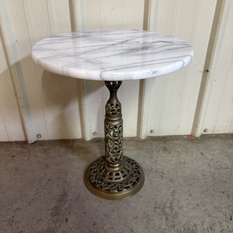 Vintage Reticulated Brass and Marble-Top Accent Table - 15"x17" (1 of 4)