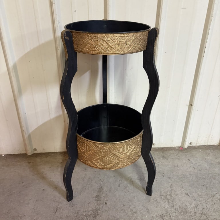 Black and Gold Two-Tiered Side Table with Embossed Metal Trays - 15"x 29": Black and Gold Two-Tiered Side Table with Embossed Metal Trays - 15"x 29"
