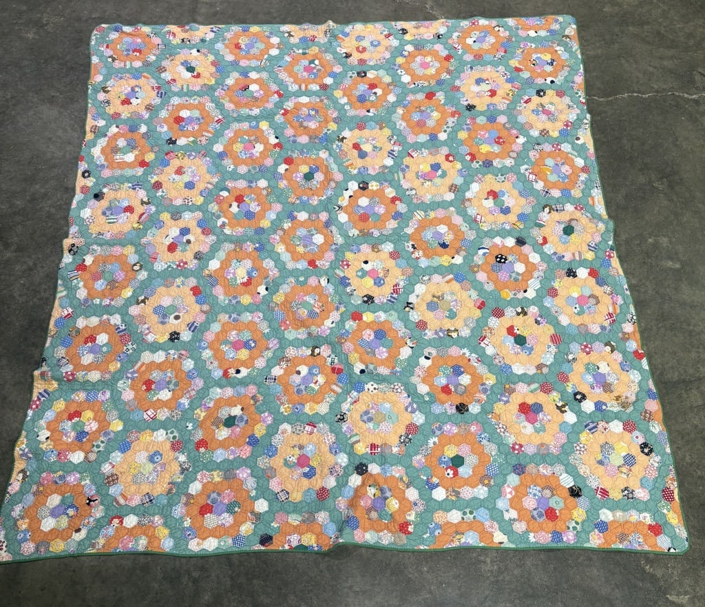 Hand Sewn Grandmother's Garden Flower Quilt - 77"x73" (1 of 6)