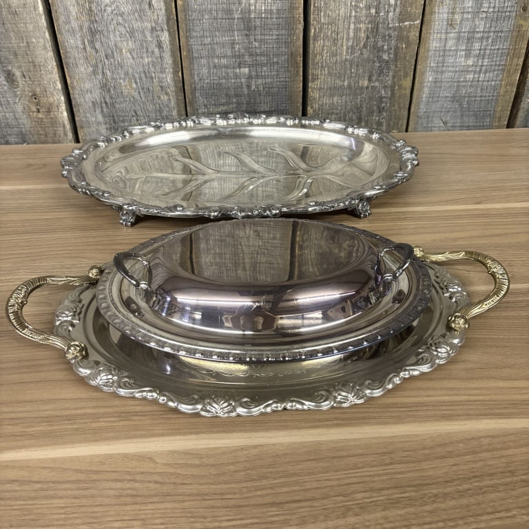 Silver Plated Serving Platters, One Covered - 18: (1 of 4)