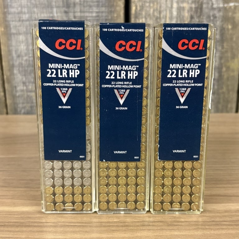 3 Boxes and CCI Mini-Mag 22LR HP Copper Plated Hollow Points, left box is 10 rounds short - 6": 3 Boxes and CCI Mini-Mag 22LR HP Copper Plated Hollow Points, left box is 10 rounds short - 6"