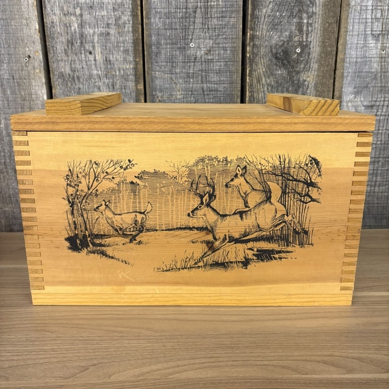 Vintage Evans Sports Wooden Ammunition Box from "The Classic" American Wildlife Series, featuring a (1 of 7)