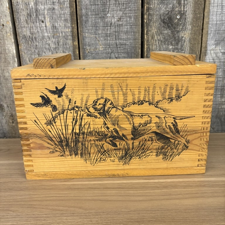 Vintage Wooden Ammo Box, part of "The Classic Series" by Evans Sports, featuring a Hunting Dog Scene (1 of 4)