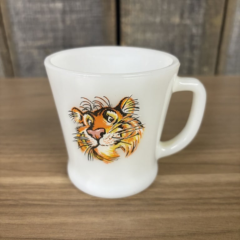 Humble Oil's "Put a Tiger in your Tank" Campaign Milk Glass Coffee Cup, manufactured by Anchor: Humble Oil's "Put a Tiger in your Tank" Campaign Milk Glass Coffee Cup, manufactured by Anchor Hocking under the Fire-King Brand - 3.5"x4"