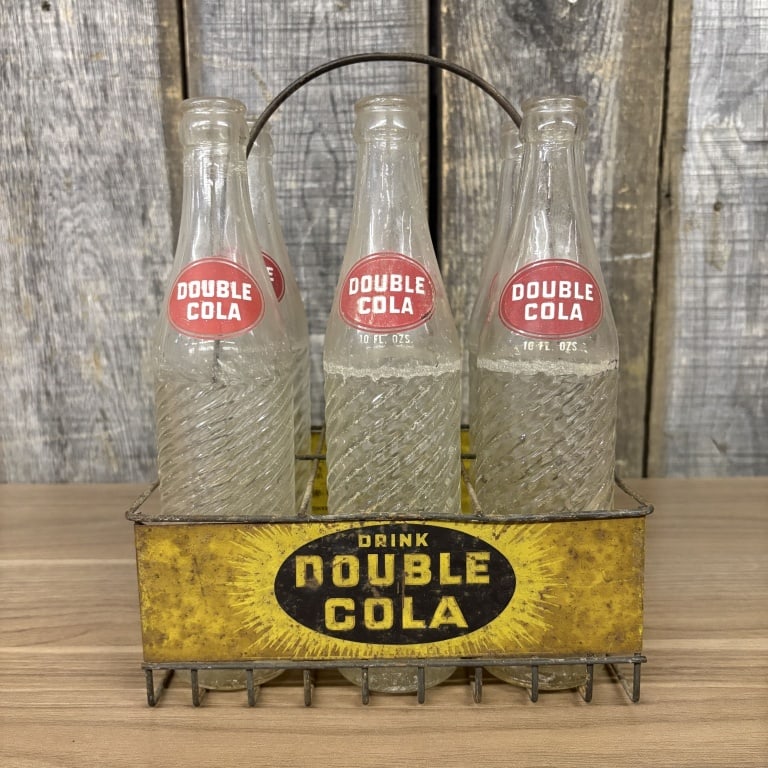 Vintage Double Cola Set featuring 10-ounce Clear Swirl Glass Bottles in a Metal Carrier - (1 of 4)