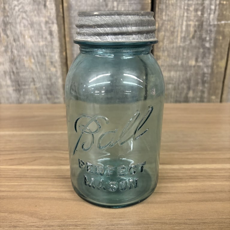 Vintage Ball Perfect Mason Jar, Marked 13 in the Iconic Aqua Blue Glass Color - 4"X7": Vintage Ball Perfect Mason Jar, Marked 13 in the Iconic Aqua Blue Glass Color - 4"X7"