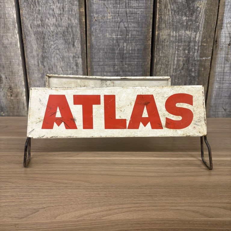 Vintage Atlas Supply Co. Tire Advertising Sign, designed as a tin topper or insert for a store: Vintage Atlas Supply Co. Tire Advertising Sign, designed as a tin topper or insert for a store display rack - 9"x 7"