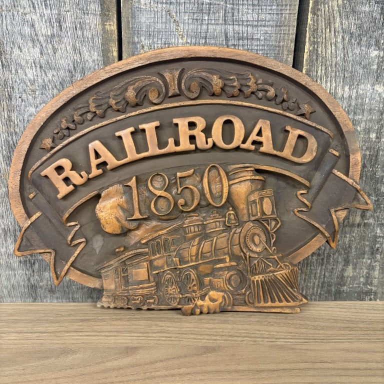 Vintage Faux Carved Wood Foam Wall Plaque Railroad 1850 - 12"x 16": Vintage Faux Carved Wood Foam Wall Plaque Railroad 1850 - 12"x 16"