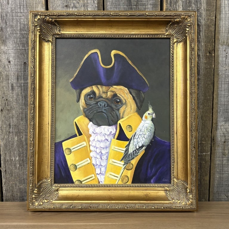 Gilt Framed "Captain's Guard" Dog Portrait, signed Cook - 22"x 26" (1 of 5)