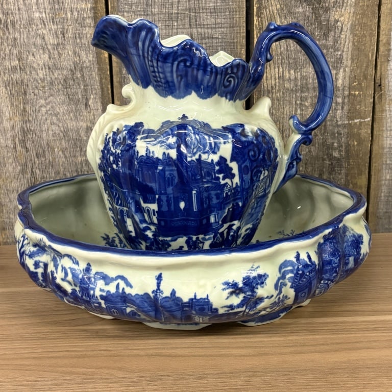 Vintage Victoria Ware Ironstone Pitcher and Wash Basin set featuring a Cobalt Flow Blue Design - (1 of 8)