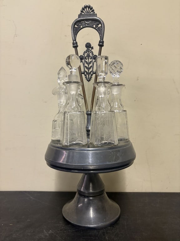 Antique Victorian Era Silver Plated Condiment Cruet Set 7"X18": Antique Victorian Era Silver Plated Condiment Cruet Set 7"X18"