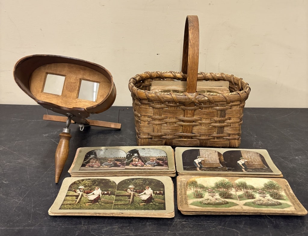 Early Stereoscope Viewer "The Perfecscope" With Collection Of Stereoview Cards And Basket 9"X 10" (1 of 6)