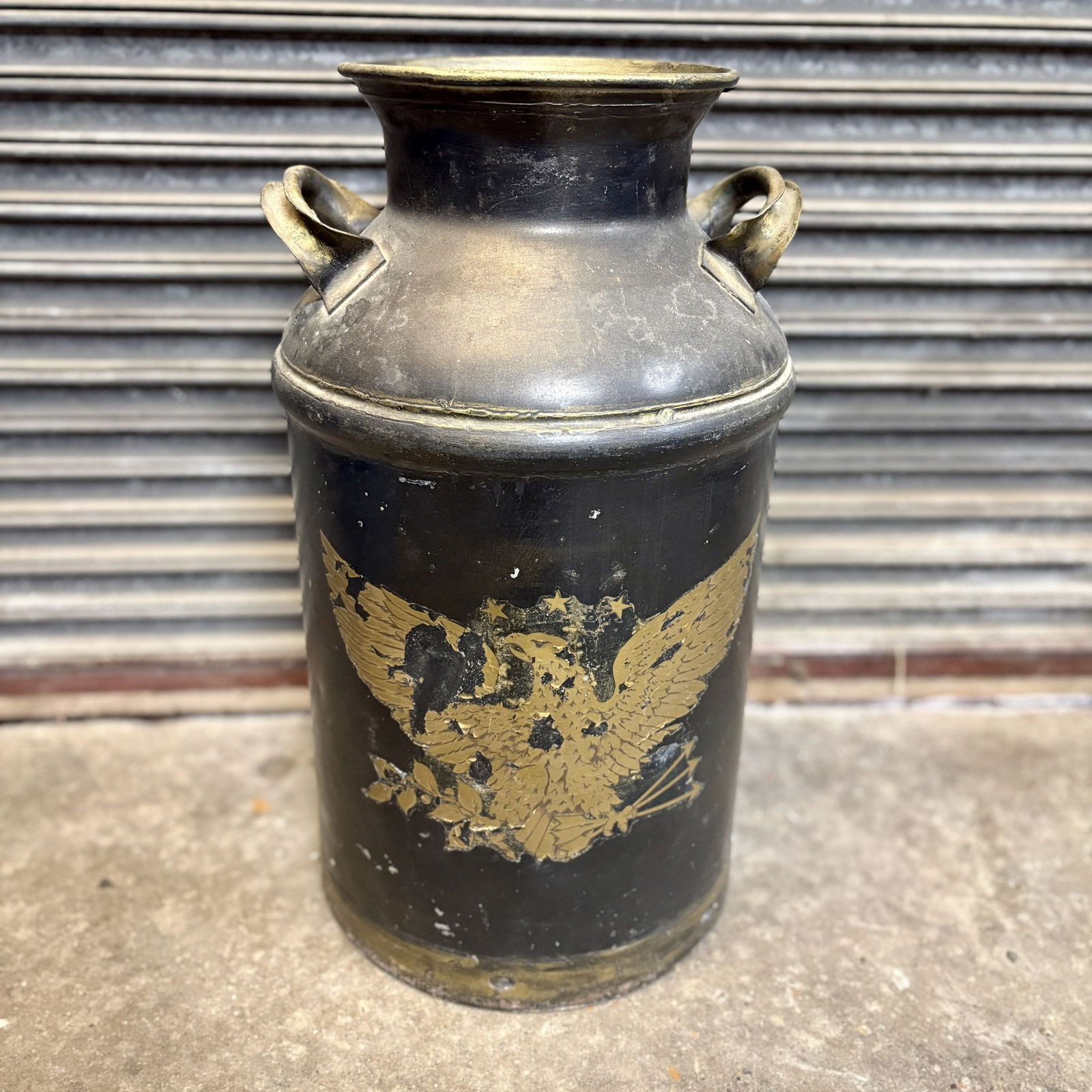 Antique Decorated Metal Milk Can "Farmour Sour Creamer" Black With Gold Eagle Decoration 12"X24": Antique Decorated Metal Milk Can "Farmour Sour Creamer" Black With Gold Eagle Decoration 12"X24"