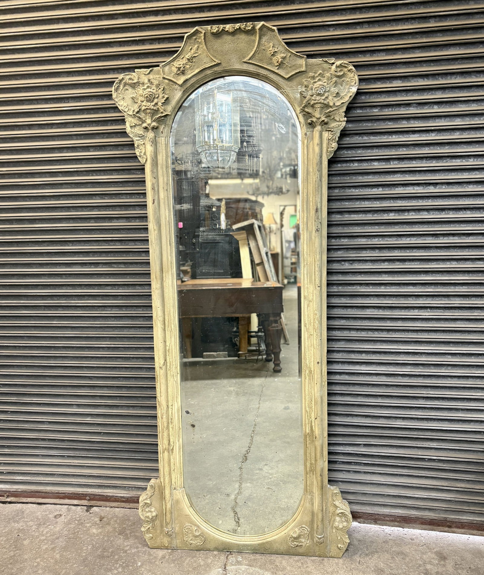 19th Century French Antique Mirror Featuring Carved Wood And Gesso With A Shaped Top 3"X34"X79" - (1 of 10)