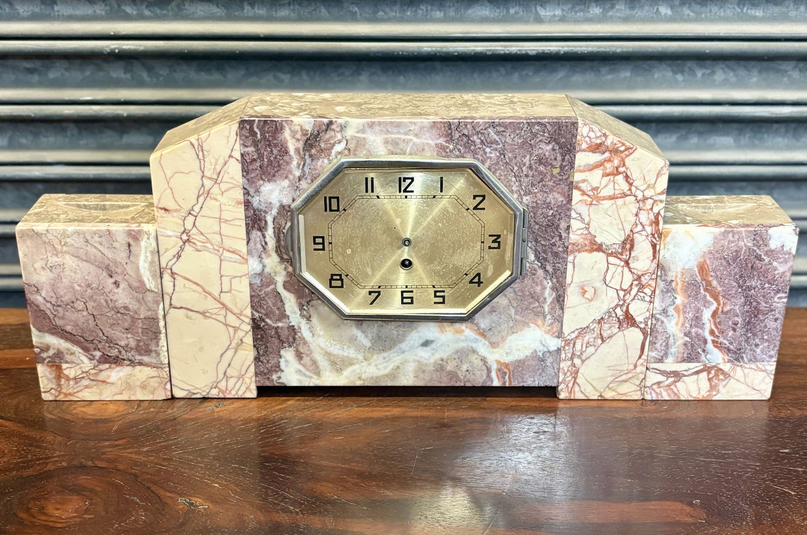Antique Art Deco Mantel Clock - Crafted From Layered Pink-White Marble. Likely Manufactured In (1 of 6)