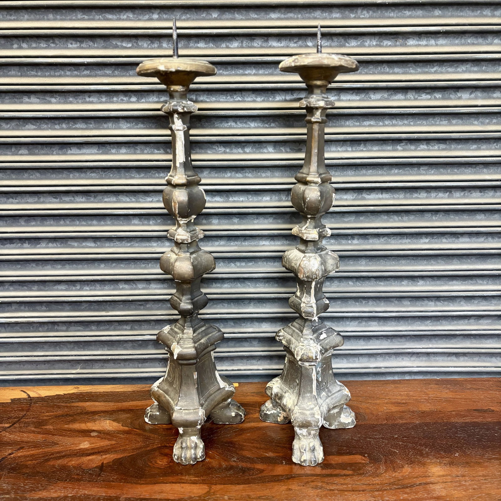 Pair Of Early Italian Pricket Altar Candlesticks - Carved Wood. Paw Feet, Designed For Church Altars: Pair Of Early Italian Pricket Altar Candlesticks - Carved Wood. Paw Feet, Designed For Church Altars 7"X7"X28"