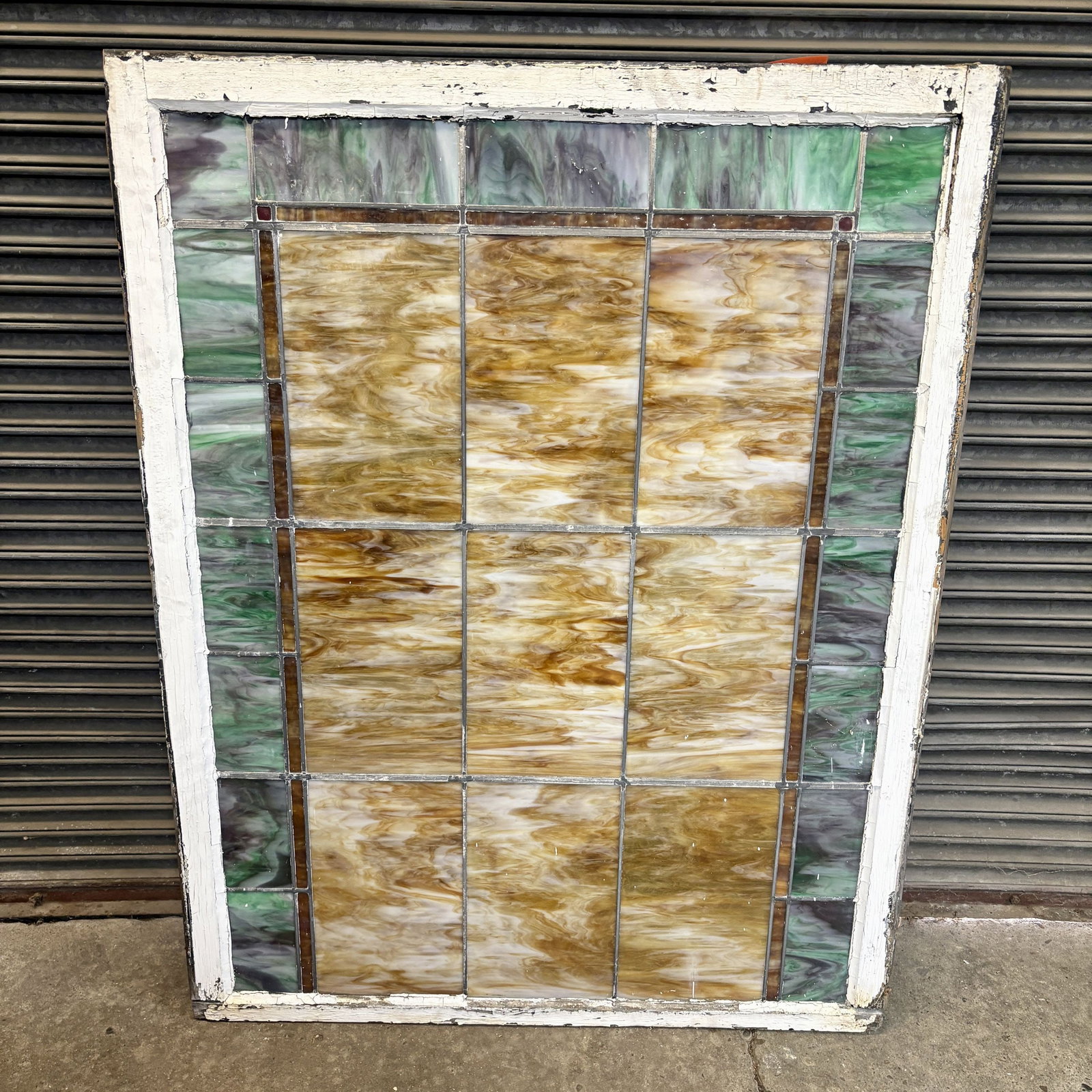 Antique Stained Glass Window, Featuring Amber Toned Textured Glass Panels Surrounded By Green And (1 of 7)