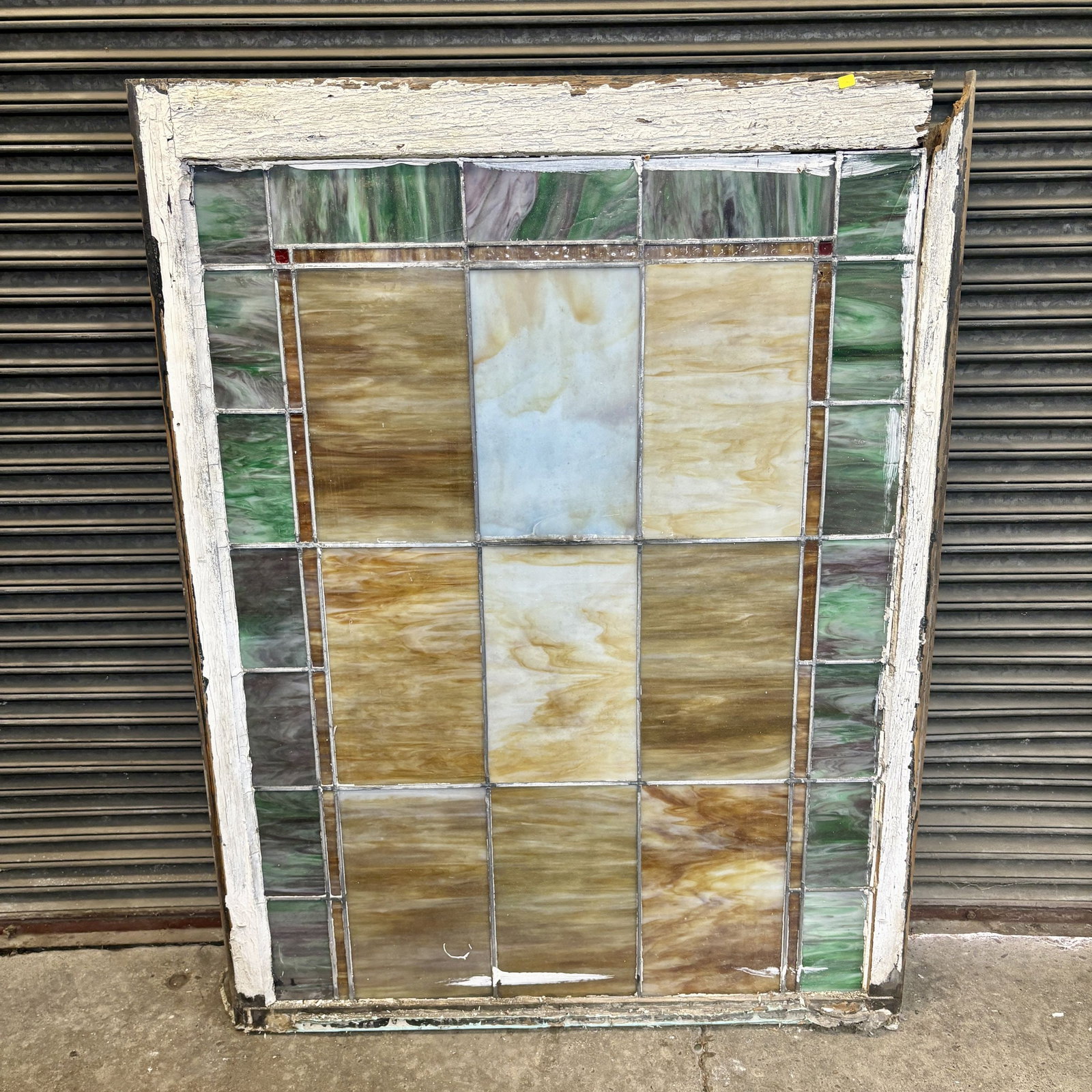 Antique Stained Glass Window, Featuring Amber Toned Textured Glass Panels Surrounded By Green And (1 of 5)