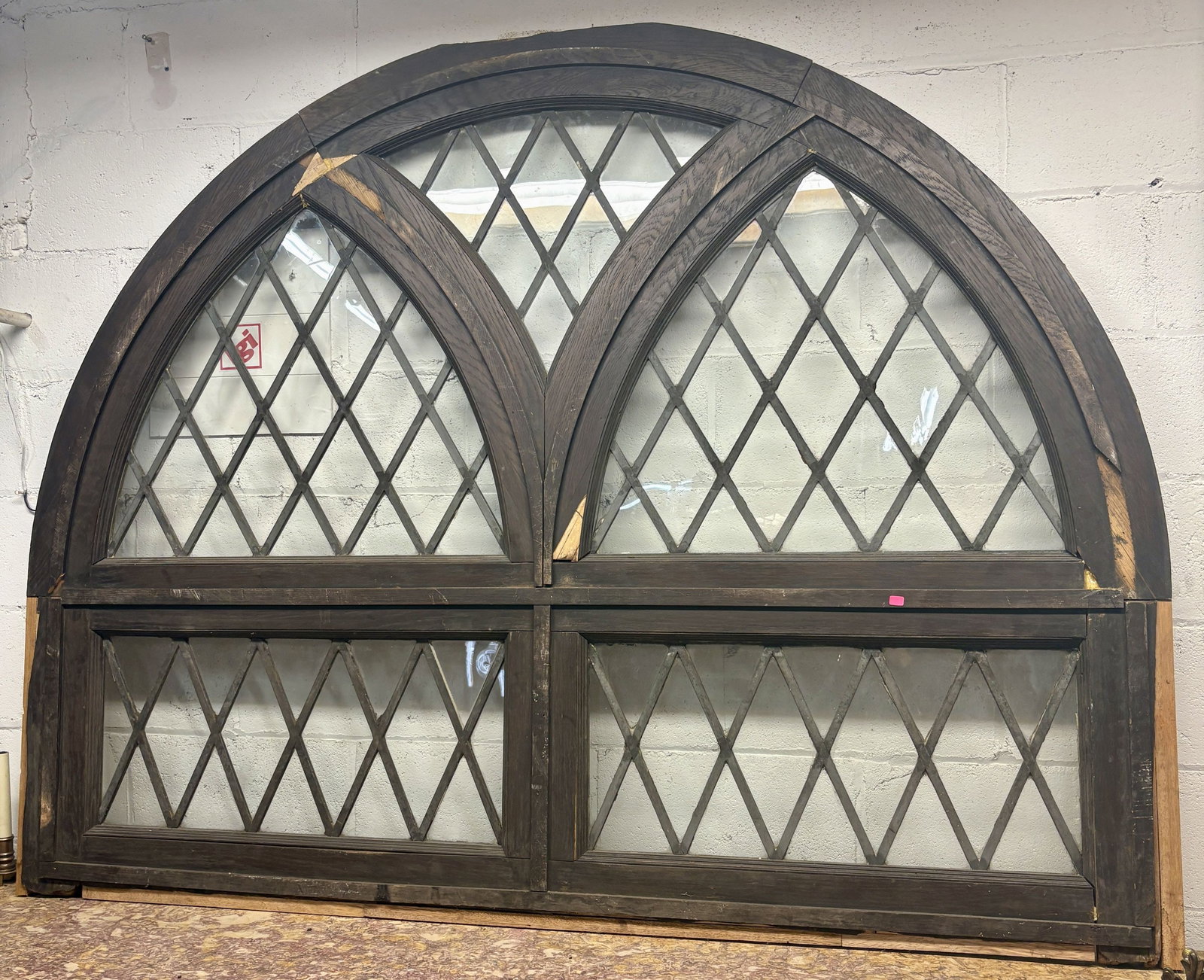 Early Antique Gothic-Style Window Architectural Salvage With Diamond Lattice Pattern 68.5"X52": Early Antique Gothic-Style Window Architectural Salvage With Diamond Lattice Pattern 68.5"X52"