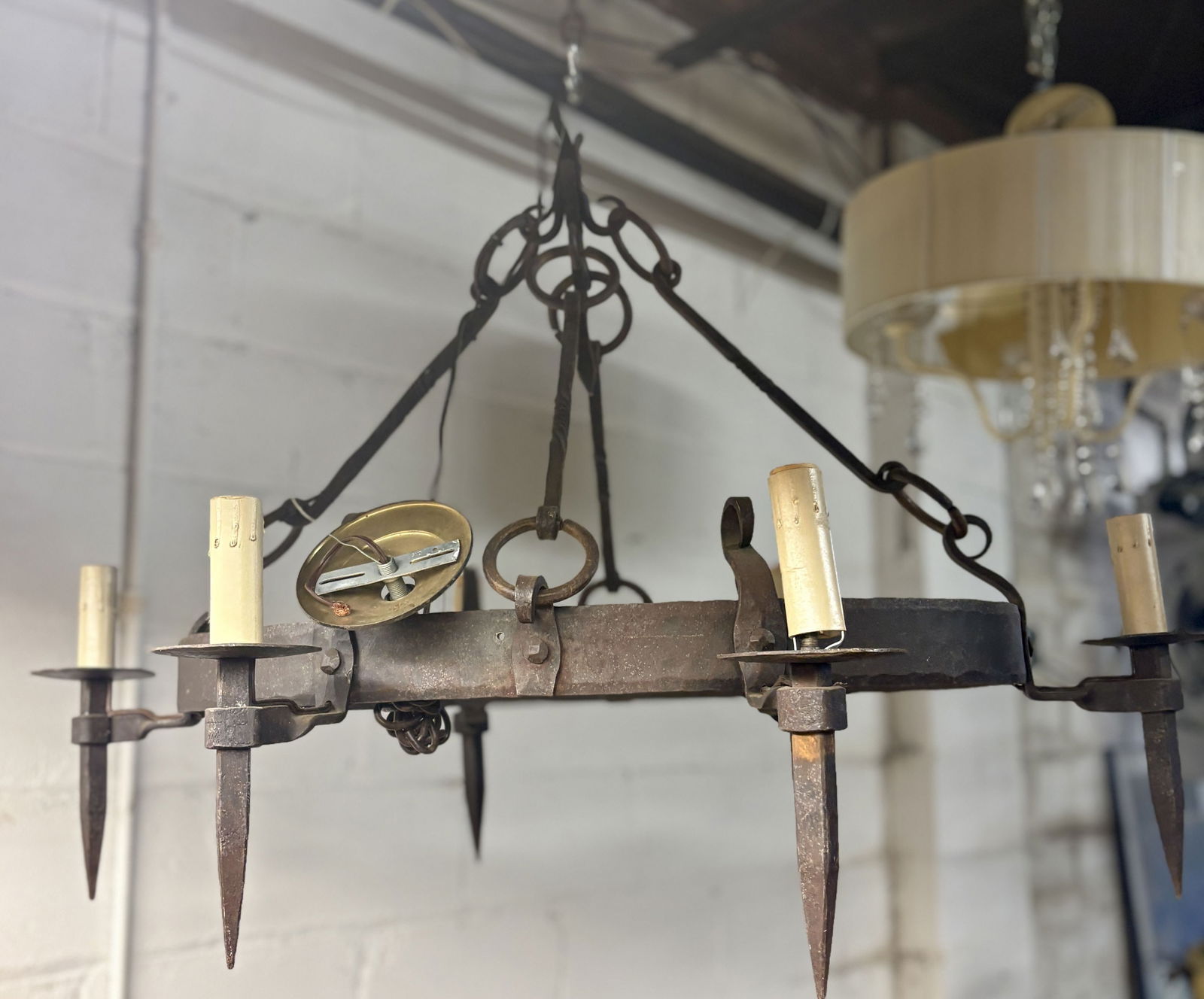 Antique Wrought Iron Chandelier, Medieval Or Gothic Style With Candle-Style Lights 32"X40"X30" (1 of 6)