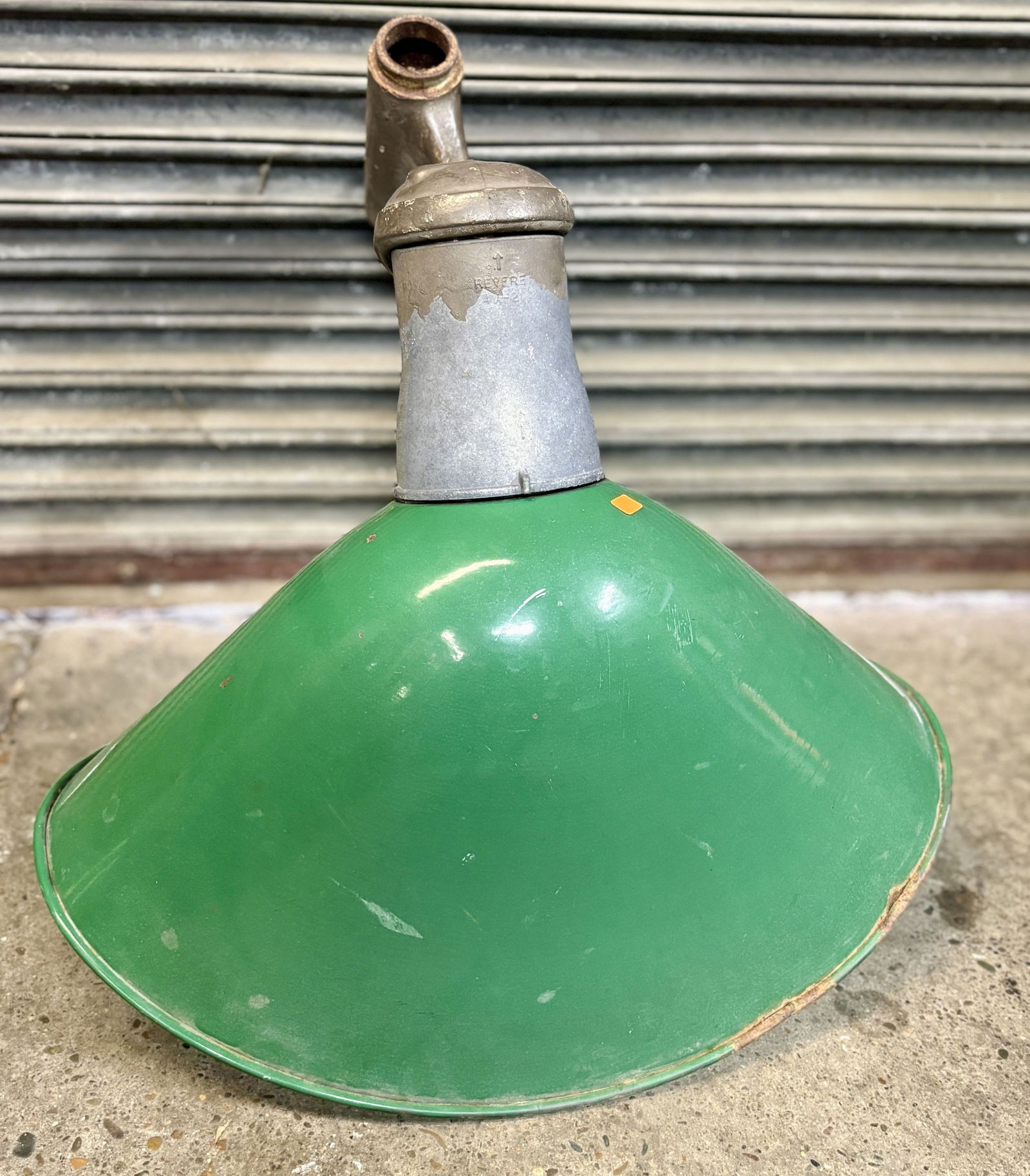 Revere Industrial Salvage Green Porcelain Enamel Light Fixture - Angle Type Or Gas Station Island: Revere Industrial Salvage Green Porcelain Enamel Light Fixture - Angle Type Or Gas Station Island Light (Late 20's-30's) 18"X22"X28"