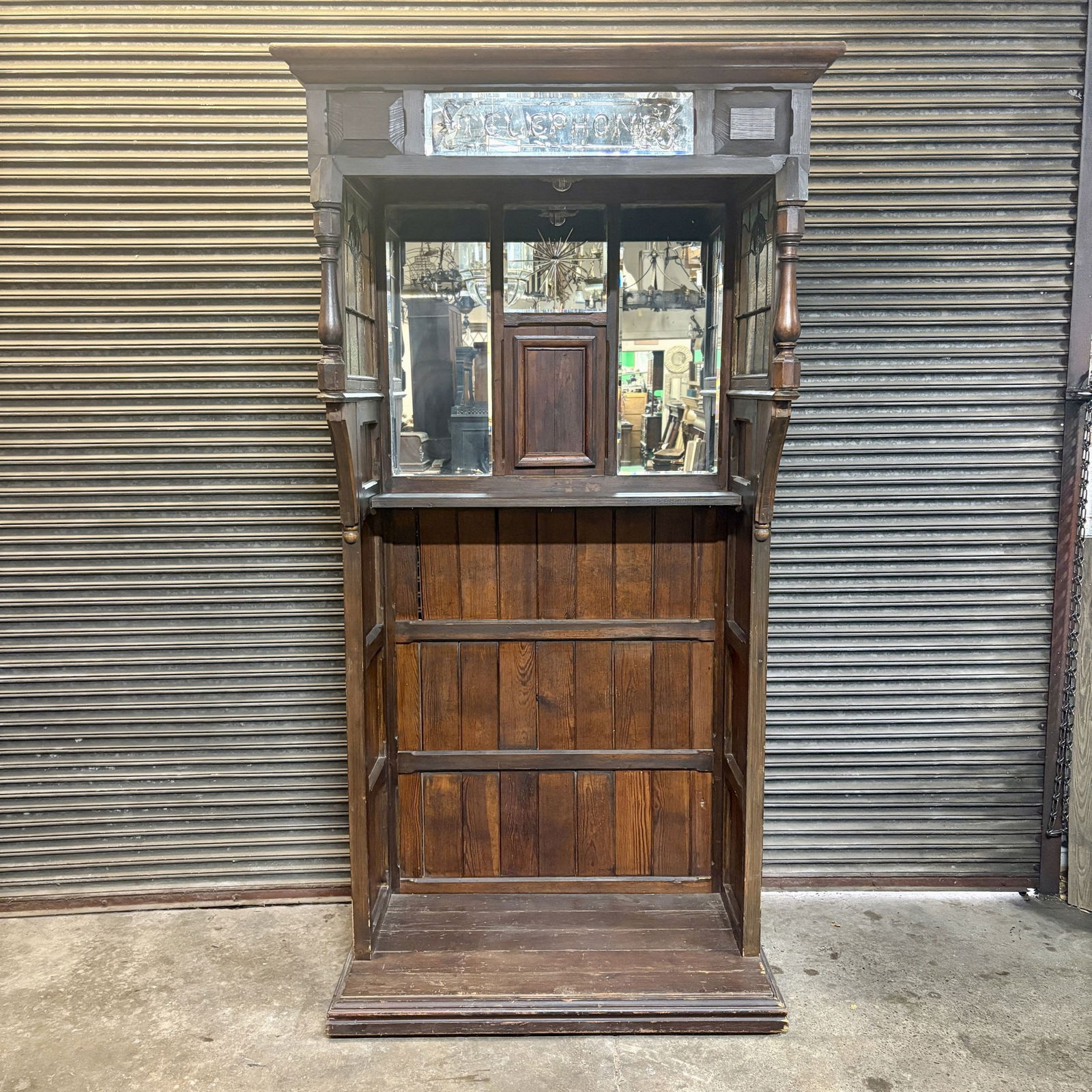 Early Antique Stained Glass Decorated Telephone Stand With Decorated Mirrored Back; 27"X46"X92" -: Early Antique Stained Glass Decorated Telephone Stand With Decorated Mirrored Back; 27"X46"X92" - NOT AVAILABLE FOR SHIPPING, PICK UP OR TRANSPORT ONLY