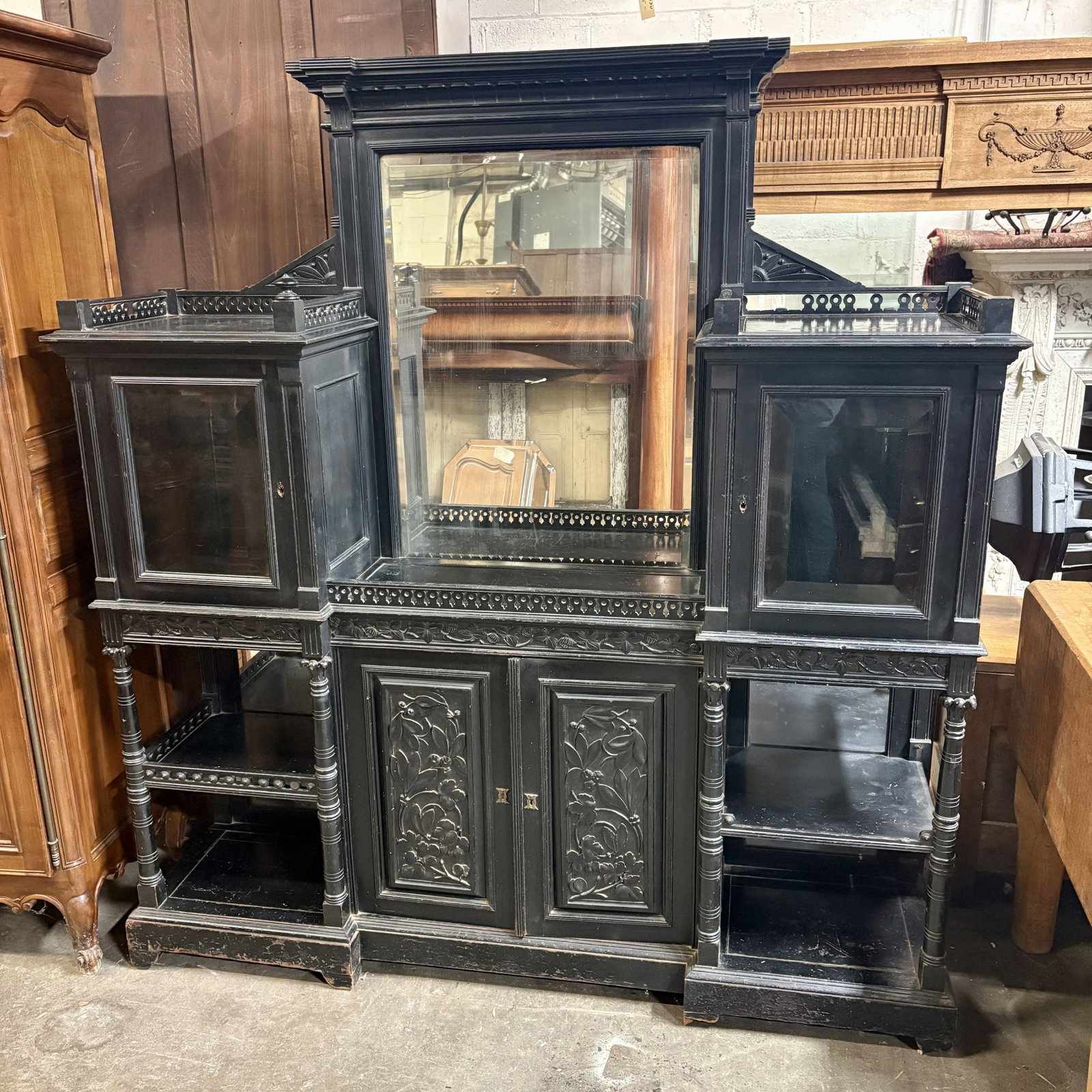 Antique Aesthetic Movement Ebonized Credenza Or Display Cabinet; With Carved Floral Panels, Central (1 of 11)
